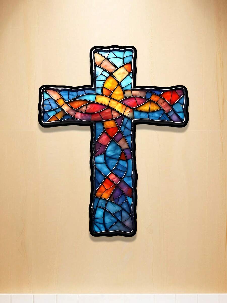 1pc Colorful Glass Textured Cross Iron Wall Decor, Vintage Style Wall Hanging Ornament, Retro Religious Home Decor Hanging Piece, Suitable For Bathroom, Living Room, Bedroom, Wall Decoration - Cross - View 1