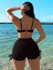Conjunto de bikini de textura de unicolor para mujeres en verano en la playa - Negro - Ver 2