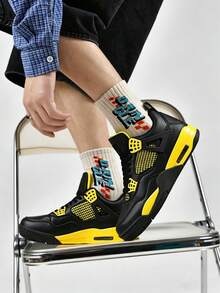 Men's High-Top Sneakers, Paris Saint-Germain Retro Basketball Shoes, Bright Yellow Sneakers, Breathable Mesh Shoes, Air Cushion Sneakers, Streetwear Sneakers, Non-Slip Basketball Shoes, Men's Fashion Footwear, Performance Sneakers, Iconic Design Shoes - 雷神 - 查看 5