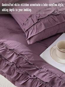 Conjunto de roupa de cama rústica sólida roxa, Conjunto de capa de edredom com babados duplos roxos, Disponível nos tamanhos individual, casal, queen, king, Conjunto de roupa de cama boêmio vintage único, 3 peças, Edredom de microfibra ultramacio respirável e leve, 1 capa de edredom com zíper, 2 fronhas, Edredom não incluído, Unissex, Adequado para estudantes, Roupa de cama leve, Decoração de quarto para primavera/verão - Roxo - Visão 3