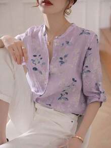 Blusa de mujer de manga 3/4 con cuello alto, estampado floral acuarela azul grisáceo| Blusa de ajuste ceñido, transpirable, de manga acampanada, para oficina/vacaciones, primavera/verano - Púrpura malva - Ver 8