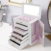 AKOZLIN - Caja de joyería extragrande de 6 niveles con espejo, 5 cajones de piel para almacenamiento de joyas para mujeres y niñas, anillo y arete, color blanco - Blanco - Ver 8