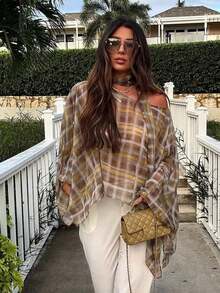 Poncho de mujer con cuello redondo y mangas de murciélago a cuadros, elegante ropa de primavera para damas - enrejado - Ver 2