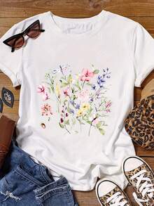 Camiseta de Cuello Redondo con Estampado Floral, Camiseta Casual de Manga Corta para Primavera y Verano, Ropa de Mujer EDF7 - Blanco - Ver 10