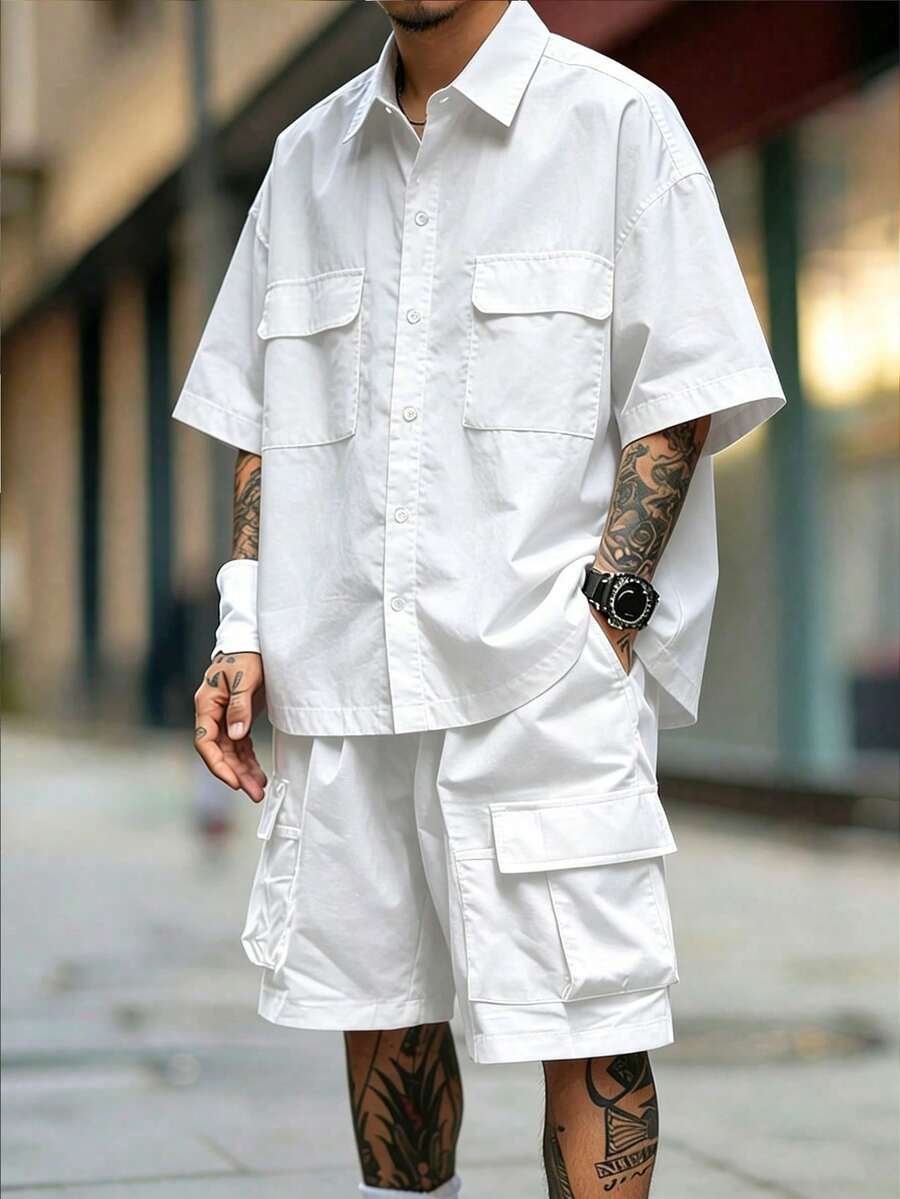 男士黑色工装风短袖衬衫和抽绳工装短裤两件套，街头风，带品牌细节