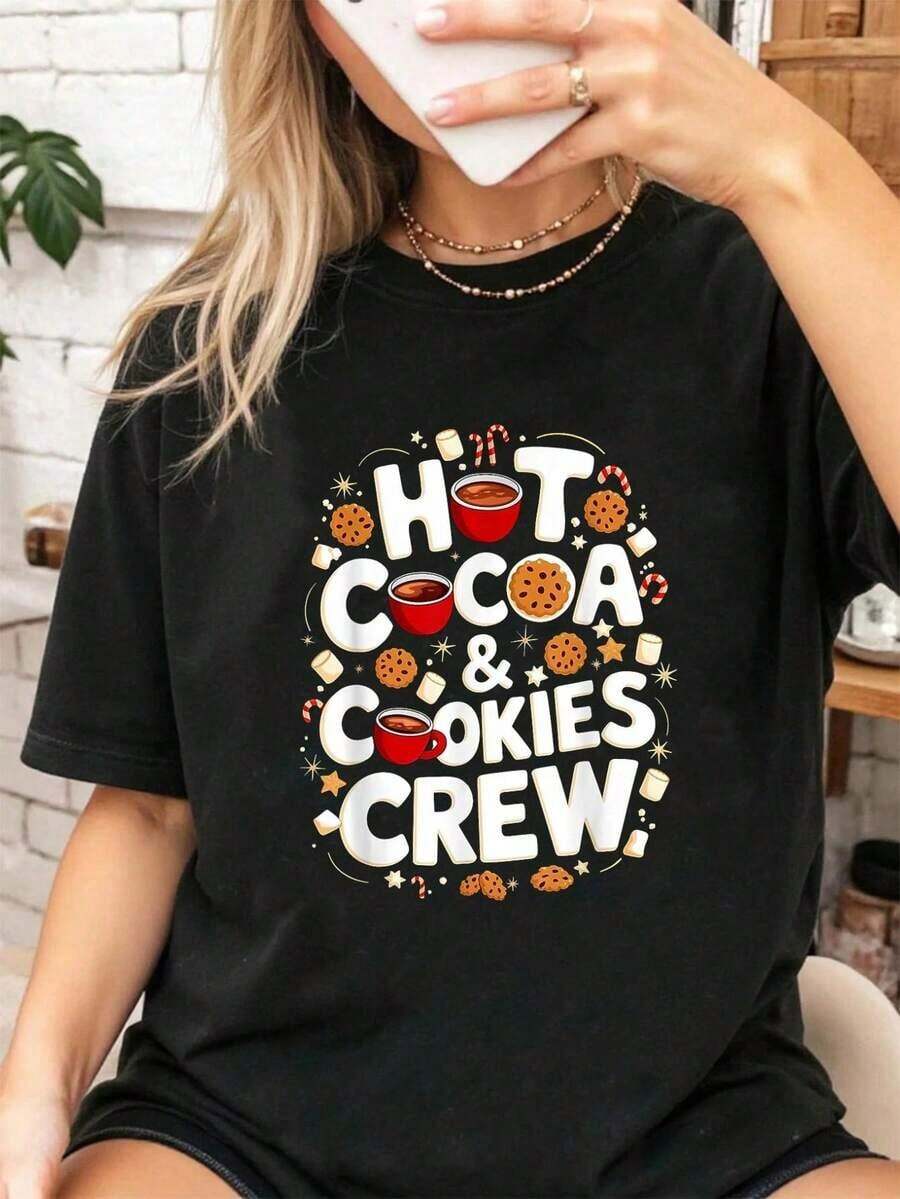 Vintage 100% Cotton T-Shirt With Hot Chocolate And Cookie Print, For Cookie And Chocolate Lovers, Women's Summer Tops, Women's Warm Fashion Clothing - 黑色 - 查看 1