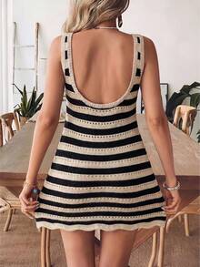¡Estilo de resort de isla! Vestido camiseta de punto con estampado floral de rayas negras y blancas, cuello cuadrado, ajustado, vestido mini ajustado de primavera - Negro y caqui - Ver 6