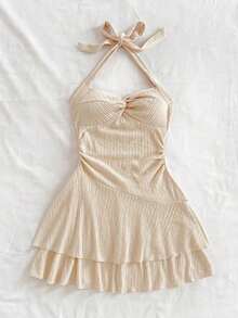 AVestido mini sexy con espalda descubierta, corbata en el cuello, dobladillo fruncido y doble capa, adecuado para fiestas, citas, San Valentín - Albaricoque - Ver 5