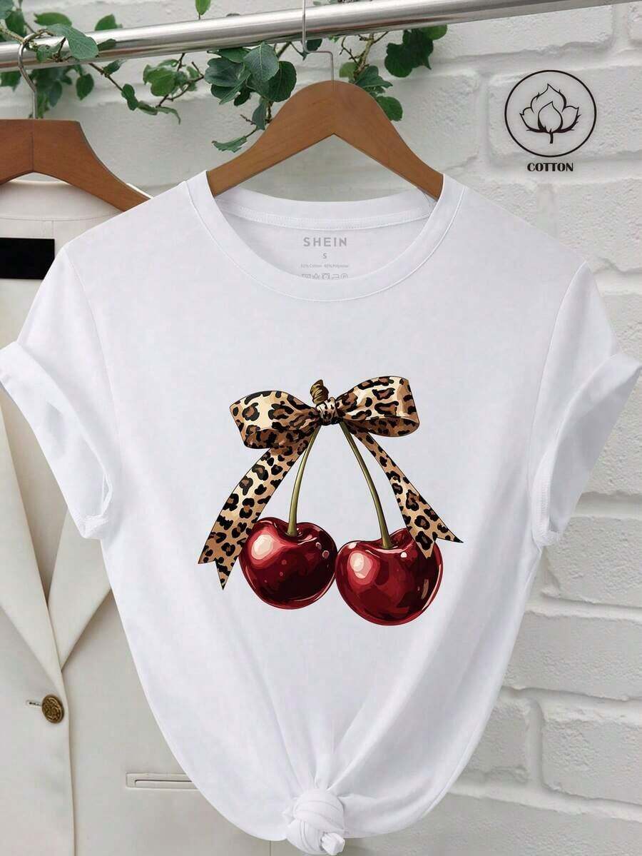 Envío gratis, entrega local enéxico, entrega en 4 días. Camiseta casual de verano para mujer con cuello redondo y mangas cortas, estampado de cerezas. - Blanco - Ver 1