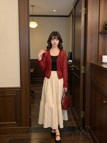 Áo khoác cardigan dệt kim tay dài màu đỏ mới của Y6Y, kiểu dáng thường ngày. - Đỏ - Xem 6