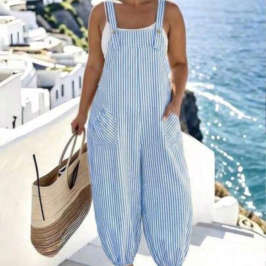 Plus Size Women's Elegant Striped Pocket Jumpsuit, Suitable For Work And Commute, Spring/Summer - Azul - Ver 1