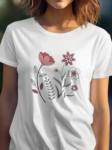 Premium Women's Floral T-Shirt, Soft And Breathable, Short Sleeve, With Red And Pink Flower Bouquet Print, Casual Loose Fit, Suitable For Everyday Wear In Spring, Summer, And Autumn, Machine Washable, White T-Shirt, Perfect For Outdoor Picnics, Cute. New Arrival - 白色 - 查看 6