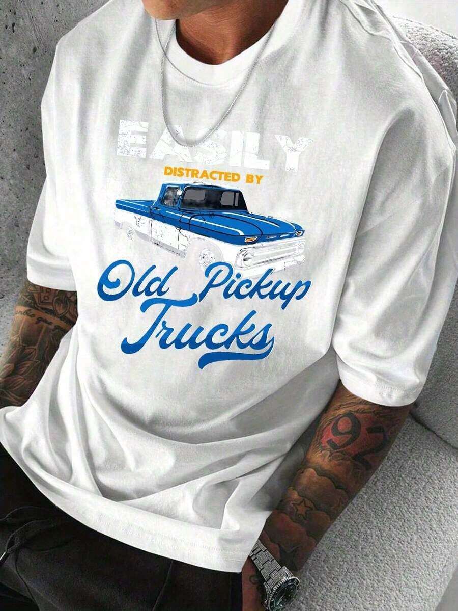 1 Pieza Camiseta Casual de Hombre para Exteriores con Estampado de Camioneta Vintage y Letras, 100% Algodón - Estilo Urbano Vintage Unisex, Camiseta Holgada de Manga Corta con Cuello Redondo de Algodón. blusas.blusas casuales para dama.blusas para mujer. blusas.blusas casuales para dama. - Blanco - Ver 1
