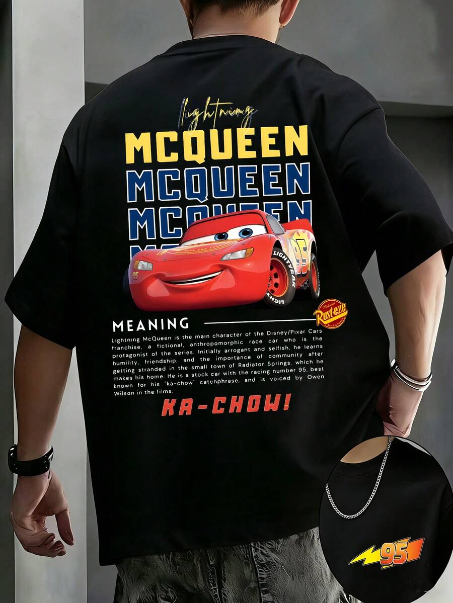 Men's Disney Cars McQueen Tee, Bold Text Print, Casual Fit, Stylish For Everyday. - 黑色 - 查看 1