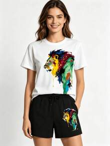 Conjunto casual con estampado de león en acuarela colorida: Set de verano para mujer + Shorts negros (Conjunto de 2 piezas) - Atuendo de verano de manga corta ideal para viajes - Blanco - Ver 1