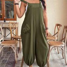 Plus Size Women's Elegant Striped Pocket Jumpsuit, Suitable For Work And Commute, Spring/Summer - Azul Marino - Ver 2