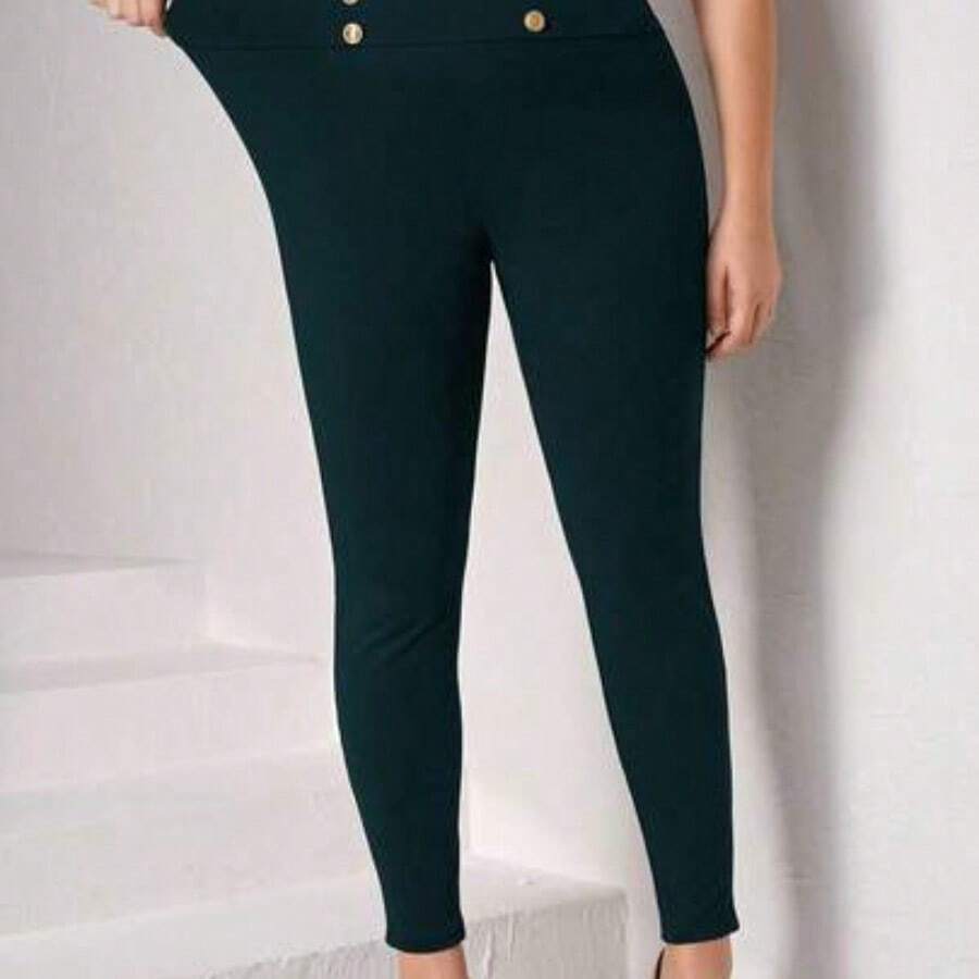 Plus Button Detail Leggings Black Pants - Verde Oscuro - Ver 1
