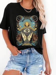Camiseta con Estampado Gráfico / Manga Corta con Cuello Redondo / Top Casual para Verano y Primavera / Ropa de Mujer - Negro - Ver 1