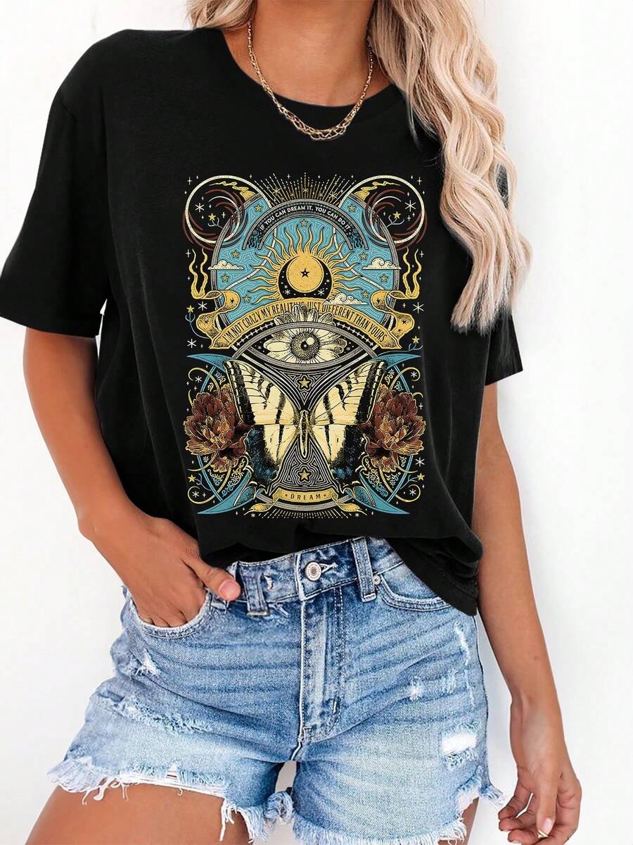 Camiseta con Estampado Gráfico / Manga Corta con Cuello Redondo / Top Casual para Verano y Primavera / Ropa de Mujer - Negro - Ver 1