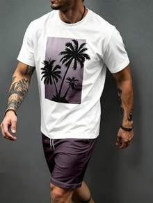 Men's Palm Tree Print Short Sleeve Shorts Set - Multicolor - View 2