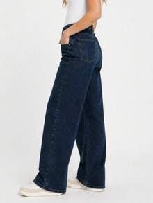 Y2K High Waist Wide Leg Comfort Stretch Daily Wear Denim Women Jean - Dark Wash - View 4