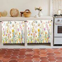 1pc Colorful Wild Flower & Butterfly Print Polyester Short Plush Tablecloth, Convenient Hanging Curtain For Kitchen Cabinet, Ideal Home Decor For Kitchen, Laundry, Storage Cabinets, Also Suitable For Window Curtains - Multicolor - View 2