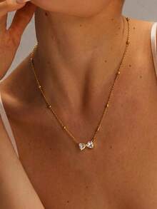 Bộ 3 món trang sức thanh lịch bằng thép không gỉ đính đá Zirconia hình bướm, gồm dây chuyền, vòng tay và bông tai, thích hợp làm quà tặng trang sức hàng ngày cho phụ nữ và bé gái. - Vàng - Xem 3