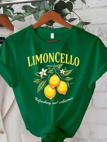 Lemon Liqueur Print T-Shirt - 100% Casual Summer T-Shirt With Lemon Print, Lemon Liqueur And Lemon Slice Design, Comfortable, Loose Fit, Round Neck And Short Sleeve, Black, Suitable For Italian Liqueur Lovers, Spring/Autumn Casual Wear, Autumn Clothing, Spring Fashion, Citrus Print, Lightweight T-Shirt, Breathable Fabric, Printed T-Shirt For Women. - 綠色 - 查看 8