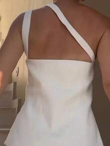 Womens One Shoulder Tank Tops Stylish Diagonal Buttons Asymmetrical Hem Solid Color Slim Fit Sleeveless Vest For Summer - White - View 7
