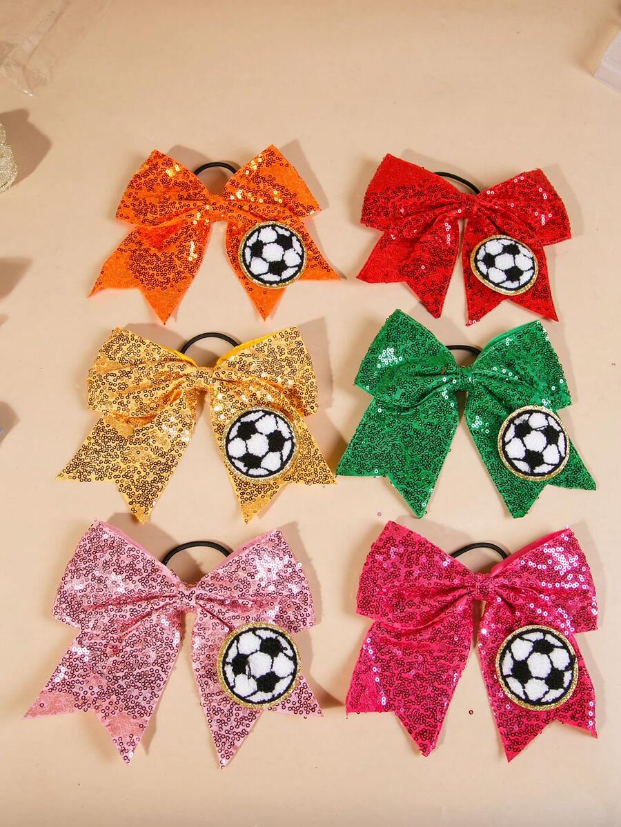 Coletero elástico para el cabello con lazo de lentejuelas bordadas, unicolor, cuentas y diseño de fútbol para la Copa del Mundo - Multicolor - Ver 1