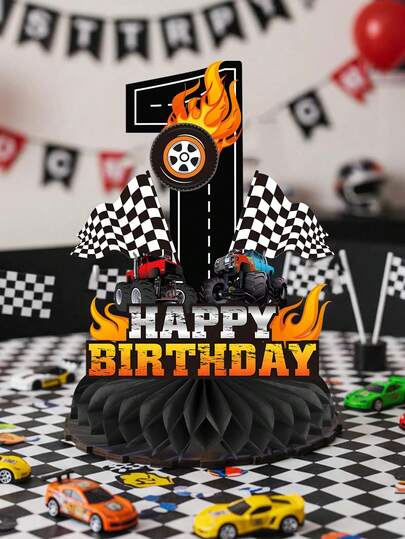 Racing Car Number Table Toppers 0-9, Truck Themed Honeycomb Centerpieces, Black Road With Flame & Checkered Flag Decor, Happy Birthday Party Supplies