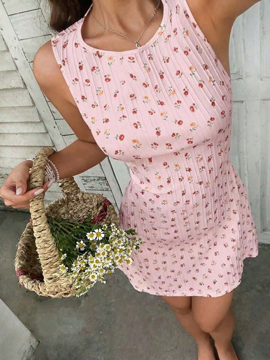 Vestido sin mangas de tejido azul marino con espalda descubierta para mujer - Rosa 2 - Ver 1