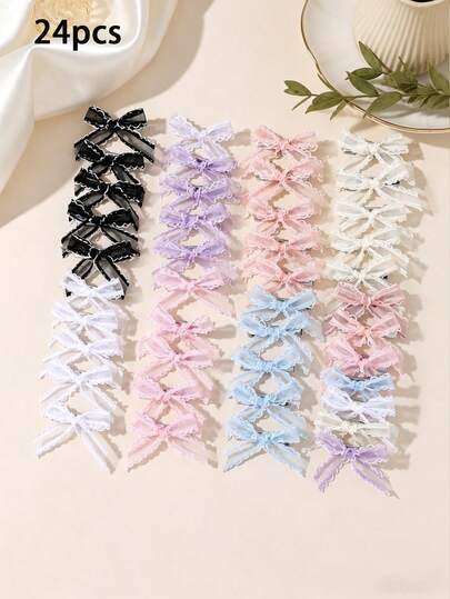 24/10pcs Girls Lace & Mesh Bow Hair Clips, Suitable For Daily Use