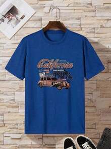 Off-The-Shoulder T-Shirt With Car Print And Slogan - Blue - View 3