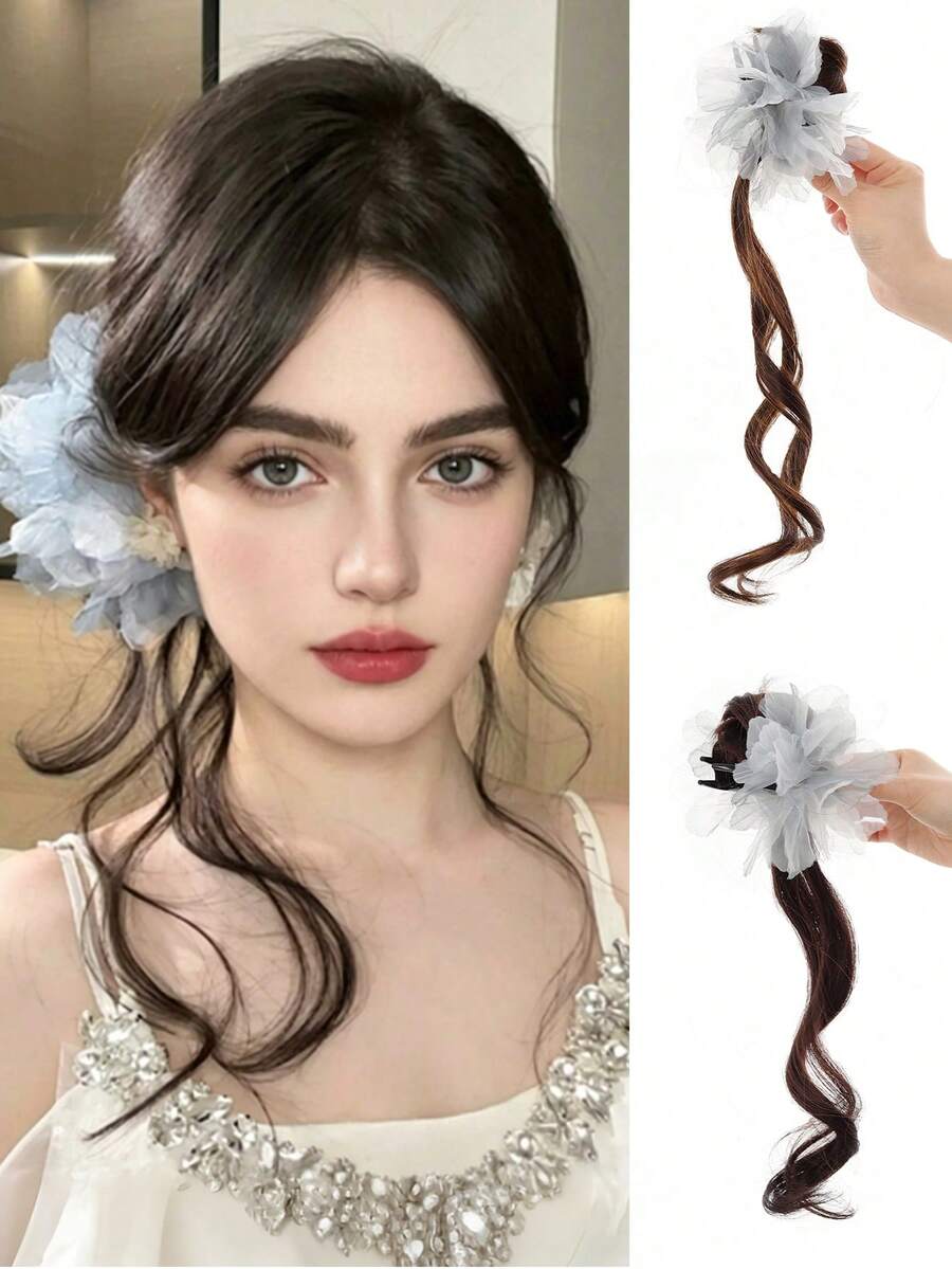 Tóc giả sợi tổng hợp, kiểu đuôi ngựa, kiểu mực loang, búi tóc bằng vải voan mỏng, kẹp tóc, đuôi ngựa kiểu râu rồng, búi tóc bên, tóc giả bồng bềnh tự nhiên, phù hợp cho phụ nữ sử dụng hàng ngày và chụp ảnh. - Nhiều màu - Xem 1