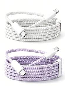 Cable de carga rápida USB C trenzado de nailon, cable de carga de alta velocidad de 1m/2m, compatible con iPhone 17/16/15/Pro/Pro Max y otros teléfonos Android, adecuado para accesorios de teléfono para viajes/coche/hogar/oficina/dormitorio - blanco + morado - Ver 8