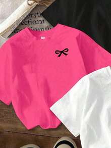 Set de 3 camisetas cortas de mujer de manga corta y cuello redondo con estampados minimalistas casuales de corazón, lazo y fresa - Multicolor 3 - Ver 3