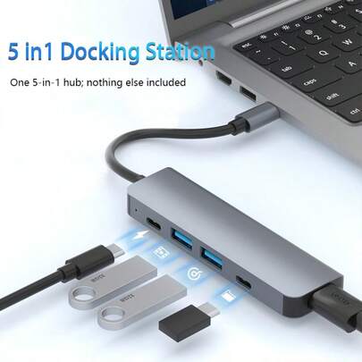 1 PC 5-In-1 Hub Laptop Docking Station, Compatible With USB Drives, Hard Drives, Mice, Keyboards, And Card Readers, Featuring A 4K Video Output Port For HD TVs, 2 Type-C Ports For Data Transfer And Charging, 1 USB 2.0 Port, And 1 USB 3.0 Port