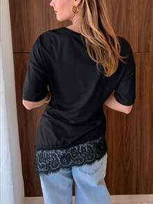 Nueva llegada Top largo de punto con dobladillo asimétrico y encaje de contraste, adecuado para playa, uso diario, festivales, escuela, fiesta de cumpleaños, casual negro - Amarillo - Ver 9