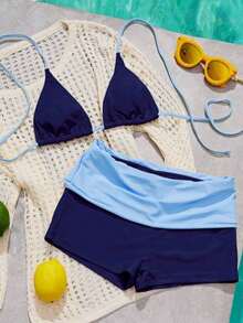 Conjunto de bikini para mujer, traje de baño para playa/gimnasio, vacaciones de verano - Azul oscuro - Ver 8