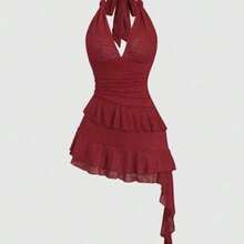 Sweetro Romantic Knitted Lace Twist Tie Layered Ruffle Hem Cropped Dress For Women, Sweet Style, Spring/Summer - Burdeos - Ver 1