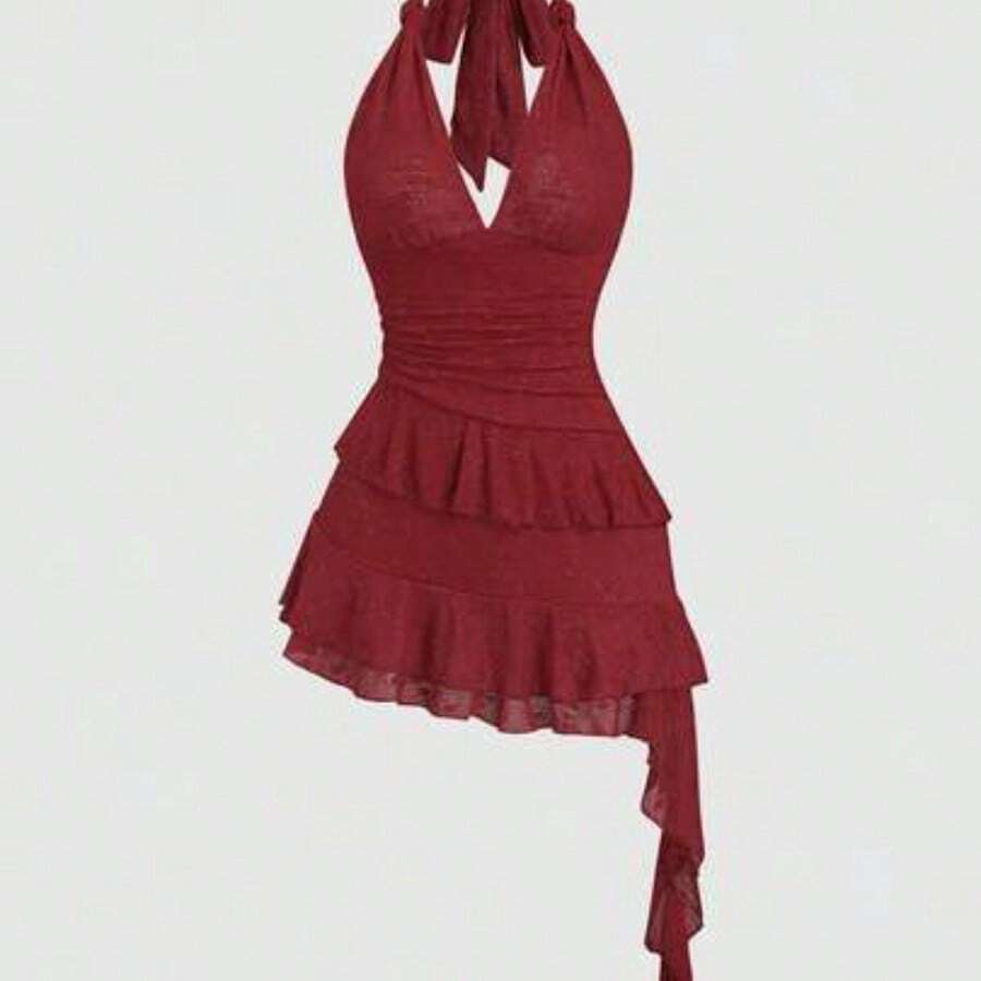 Sweetro Romantic Knitted Lace Twist Tie Layered Ruffle Hem Cropped Dress For Women, Sweet Style, Spring/Summer - Burdeos - Ver 1