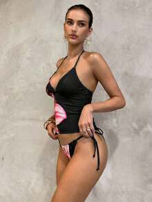 Conjunto de bikini a cuadros de cereza dulce - Negro - Ver 4