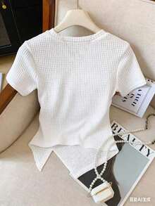 Camiseta de manga corta de cuello redondo con bajo asimétrico de unicolor minimalista, para verano - Blanco 2 - Ver 2