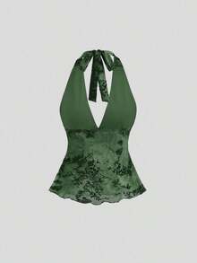 Camiseta de tirantes con cuello halter de estilo retro y romántico para mujer - Verde Oscuro - Ver 2