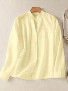 Camisa de mujer de unicolor con cuello en V y botones - Blusa casual y elegante de manga larga con detalle de bolsillo, adecuada para vacaciones, viajes y uso diario, artículo esencial para primavera, verano, otoño e invierno - Albaricoque - Ver 11