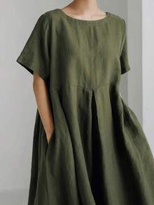 Vestido de lino suelto, casual, elegante y cómodo para mujer.Vestido largo suelto de manga corta, con bolsillo, cuello redondo y unicolor.Ajuste relajado para el verano - Verde - Ver 3
