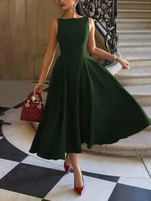 Elegante vestido maxi romántico francés con espalda descubierta, cintura ceñida y diseño calado, elegante y sexy, adecuado para Navidad, fiestas de vacaciones, citas de verano - Verde Oscuro - Ver 3