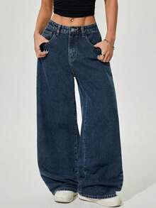 Jeans rectos y sueltos de color liso clásico informal - Azul 2 - Ver 8