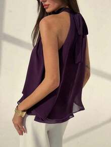 Camiseta sin mangas de gasa con cuello halter, fruncida y con línea A, de estilo bohemio minimalista y sexy, color morado berenjena, para primavera/verano - Morado - Ver 2
